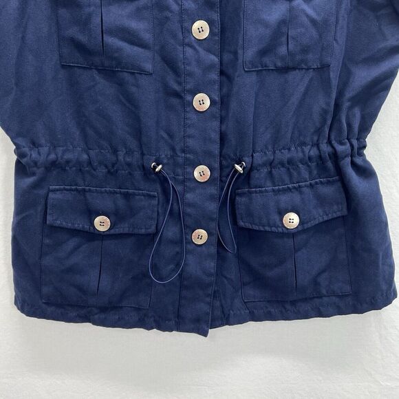 Drapers & Damons Vest Large Navy Blue Utility Pockets Cinch Waist Gold Buttons - Picture 4 of 11
